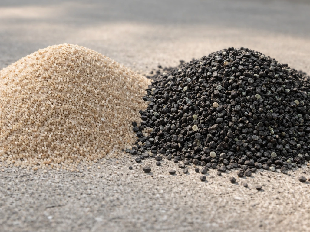 Gros plan sur des granulats et brins de remplissage, avec une granulométrie et une texture nettes.