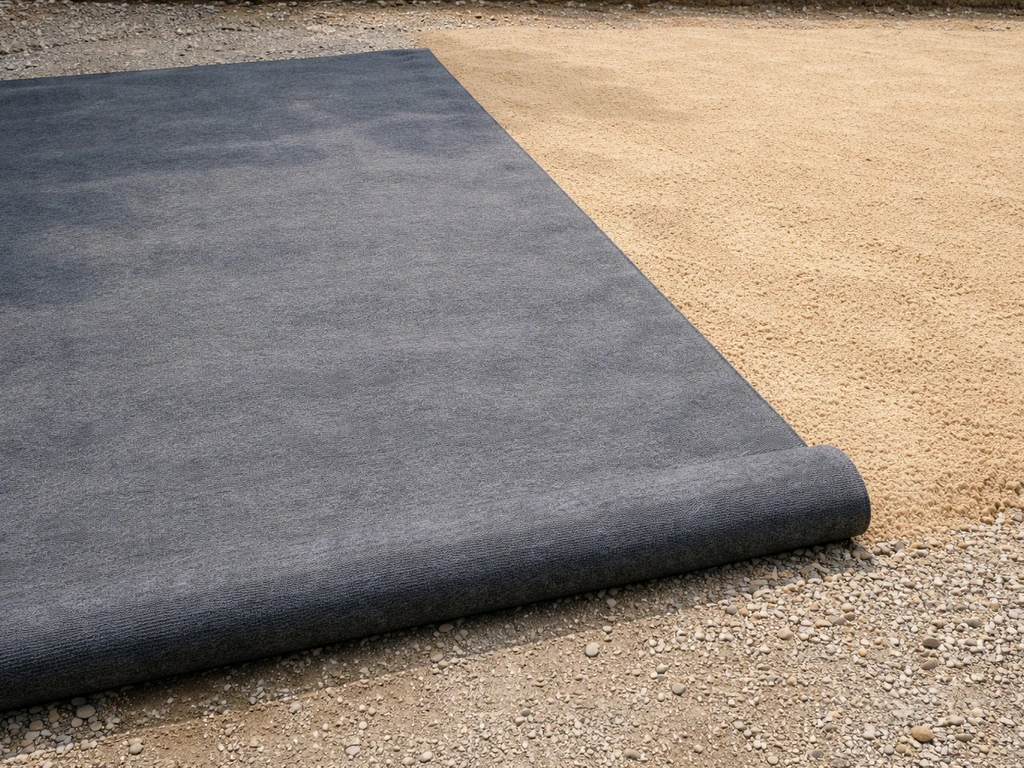 Géotextile déroulé à plat sur un support de terre/gravillons, prêt pour la pose du gazon synthétique.