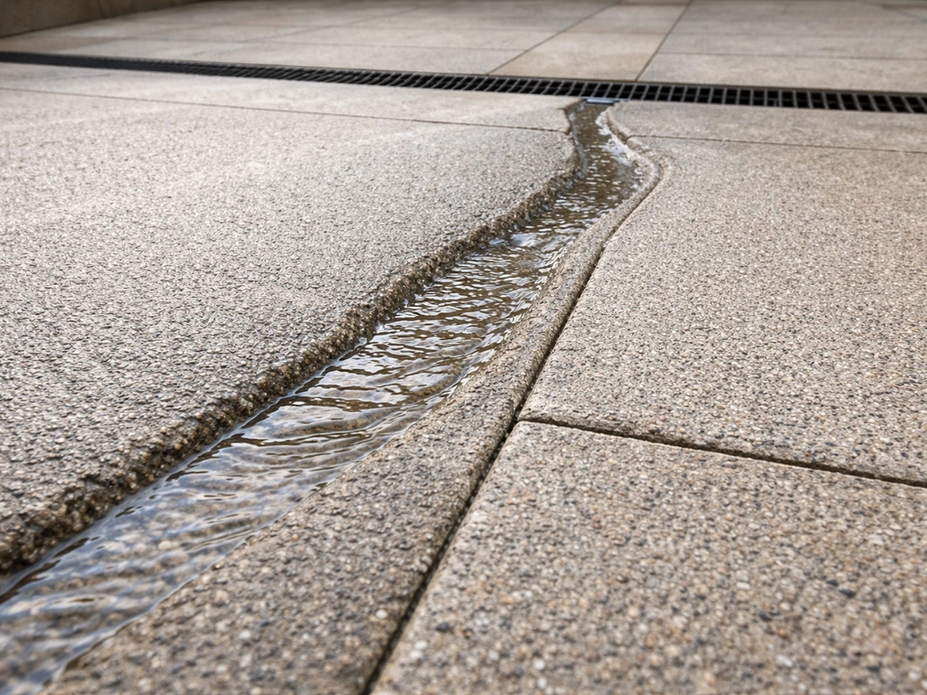Gros plan sur une pente extérieure avec un filet d’eau qui s’écoule vers un caniveau ou un regard.