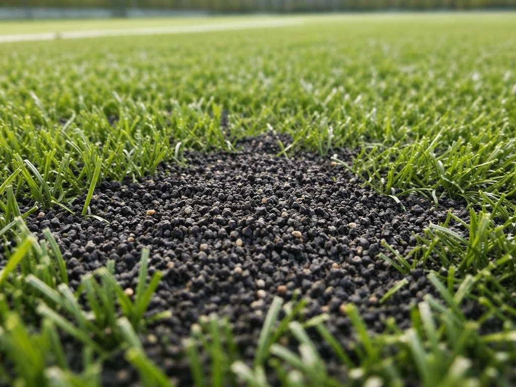 Gros plan sur des granulats sombres répandus sur un gazon artificiel de terrain sportif.