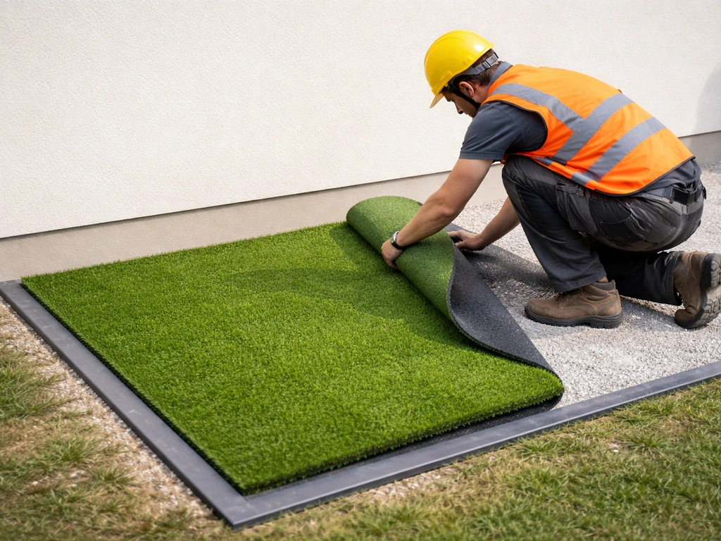Pose de gazon synthétique sur une façade, ruban de bordure et dalle paysagère, scène propre et minimaliste
