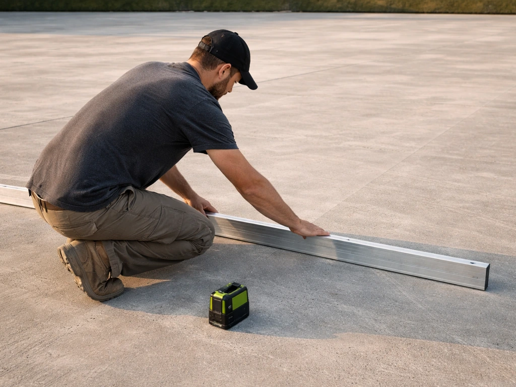 Technicien vérifiant la planéité d’une dalle béton avec une règle et un niveau laser avant pose de pelouse synthétique.