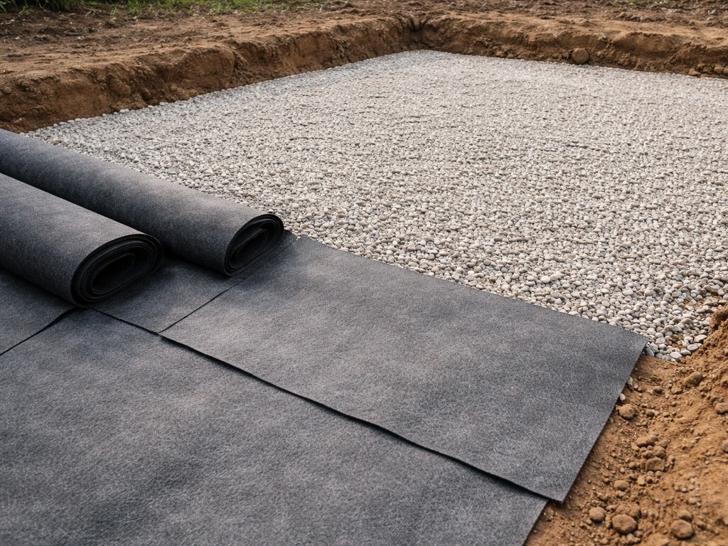 Chantier : lés de géotextile chevauchés et couche drainante fraîchement posée au sol, vue proche