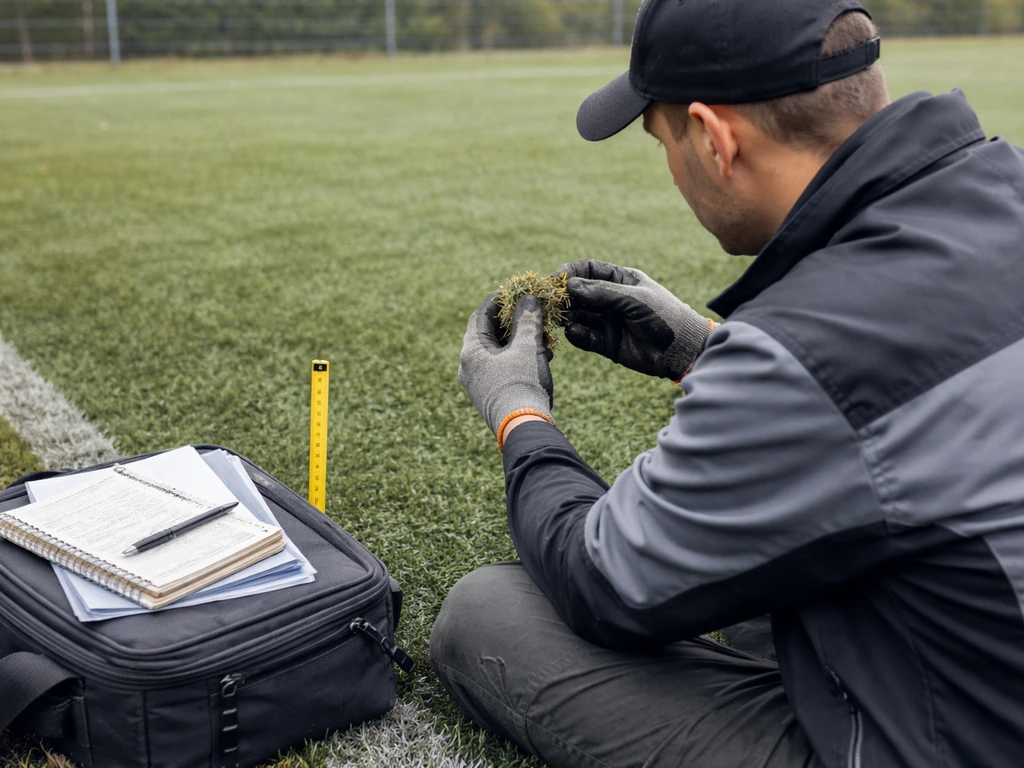 Technicien vérifiant un terrain synthétique avec un carnet et un mètre, documents à côté, ambiance conformité.