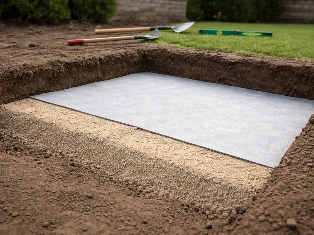 Coupe de sol de chantier : décaissement, pente, sable 0/6 compacté et géotextile sur terre naturelle.