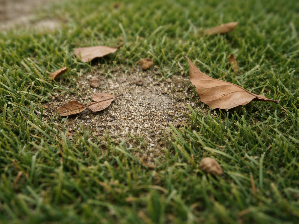 Gazon synthétique avec feuilles mortes, poussière fine et sable visibles, vue rapprochée.