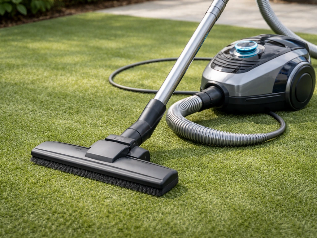 Aspirateur traîneau sur gazon synthétique, aspiration réglable visible, embout doux qui n’arrache pas les fibres.