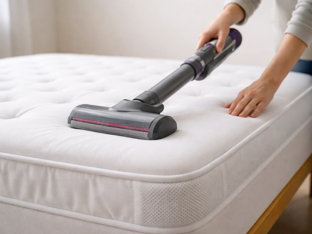 Personne qui aspire doucement un matelas, en évitant la zone de drainage avec un embout réglé en hauteur.