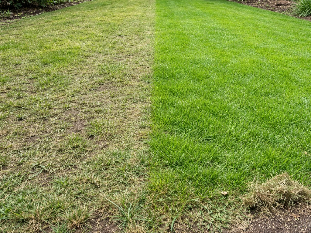 Surface de pelouse en extérieur avant et après brossage, avec débris légers et zone reconditionnée.