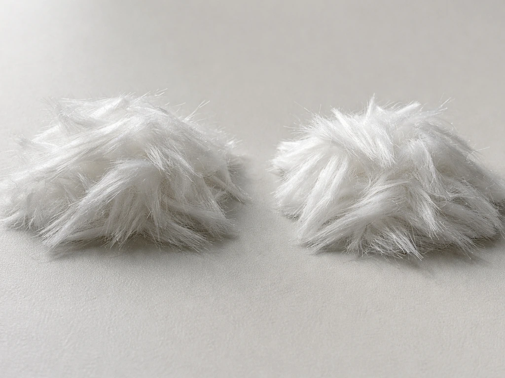 Deux échantillons de fibres synthétiques PE et PP côte à côte, brillance et texture visibles.