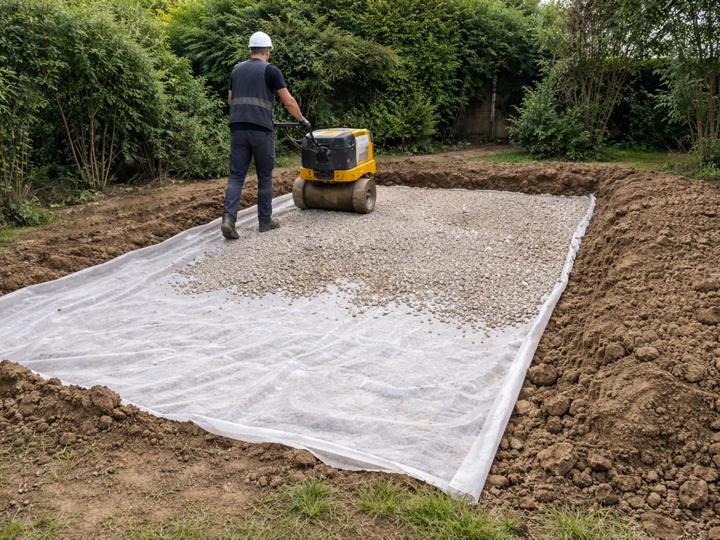 Rouleau compacteur approchant une zone décaissée avec géotextile dans un jardin, chantier minimal.