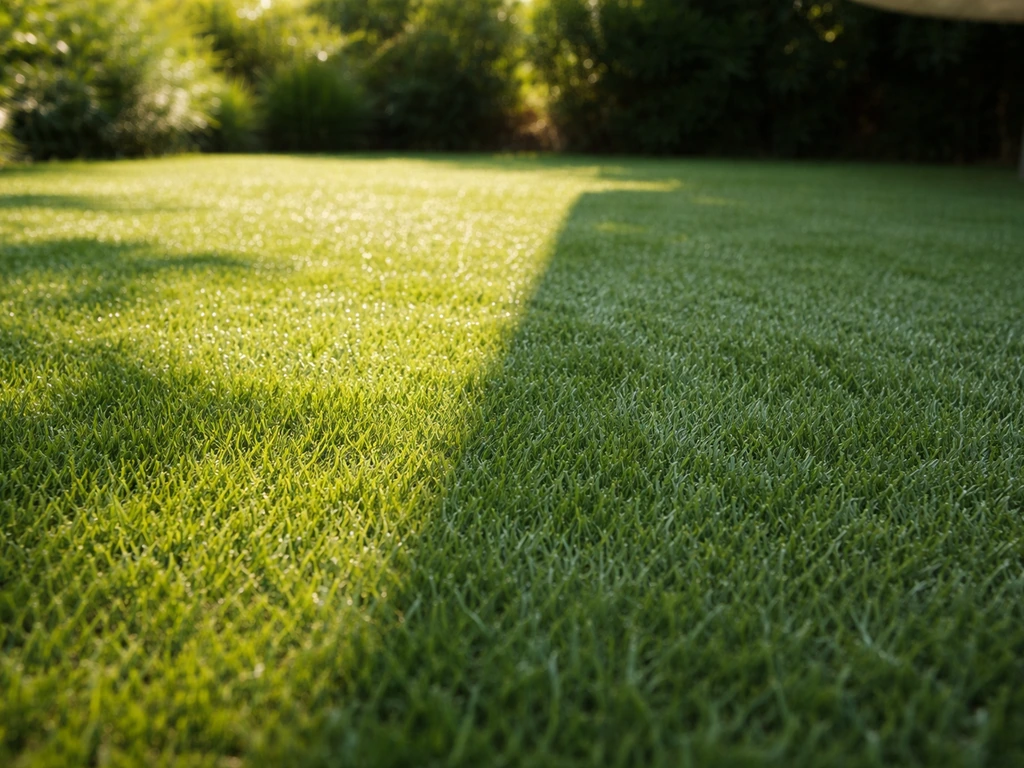 Gazon synthétique en été avec une zone à l’ombre, ambiance fraîche et confortable