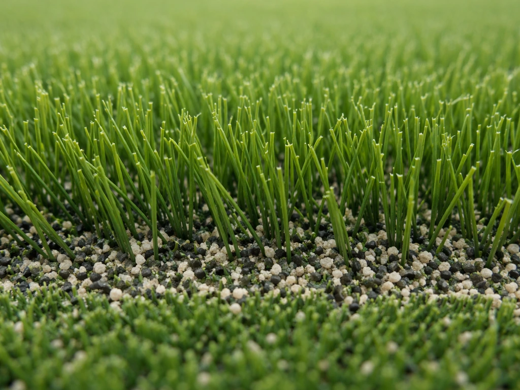 Gros plan sur des fibres de gazon synthétique de tennis en PE monofilament avec remplissage sable/EPDM.