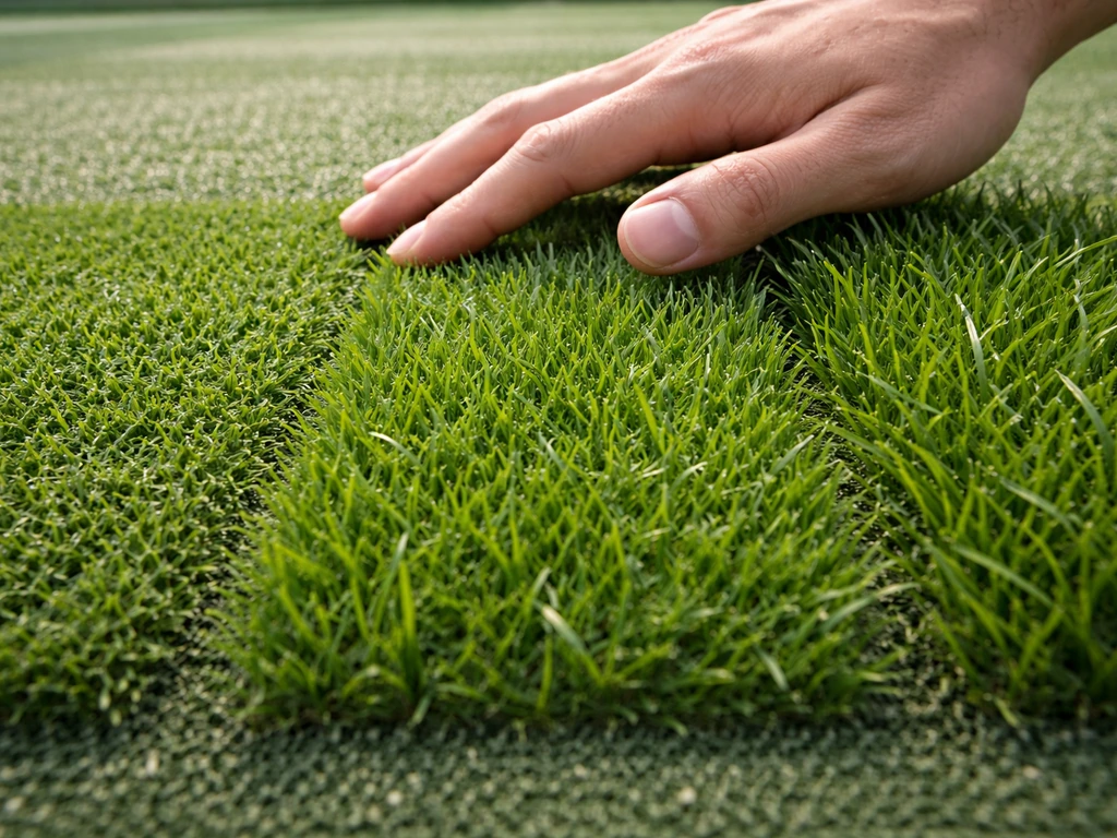 Gazon synthétique de tennis avec trois hauteurs de brin visibles côte à côte, au ras du sol, rendu réaliste.
