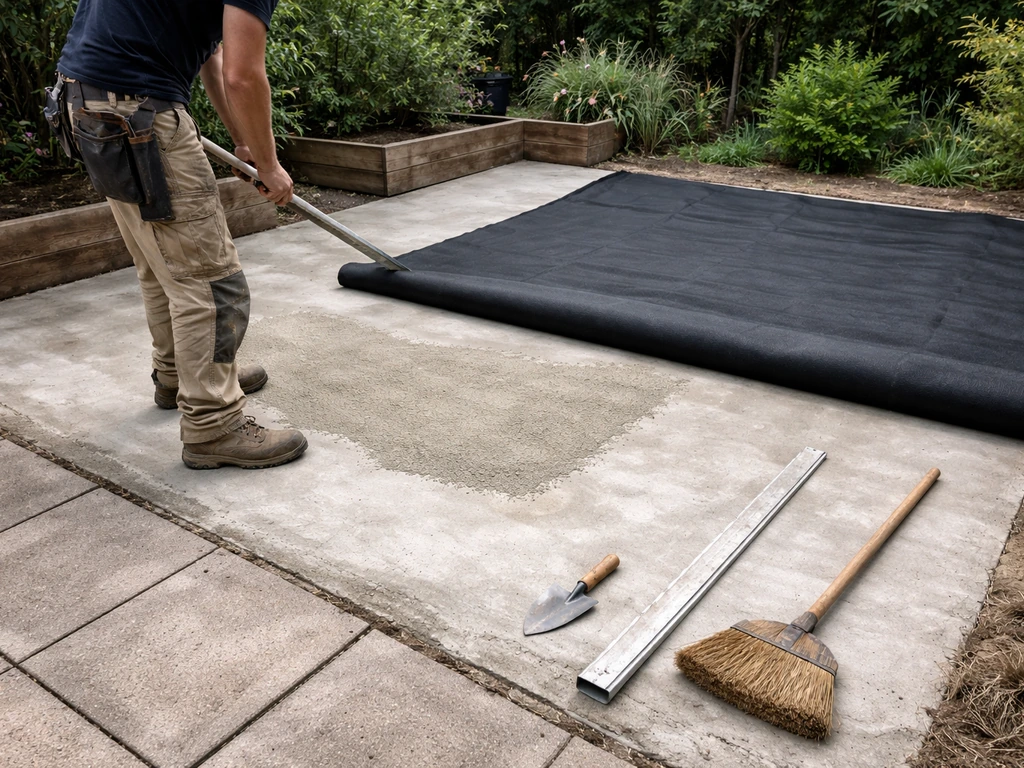 Chantier : géotextile déroulé sur une dalle béton préparée pour poser un gazon.