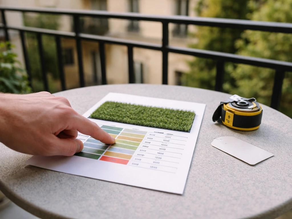 Une fiche de produit de gazon synthétique et un mètre ruban sur un balcon, pour illustrer le contrôle du poids.