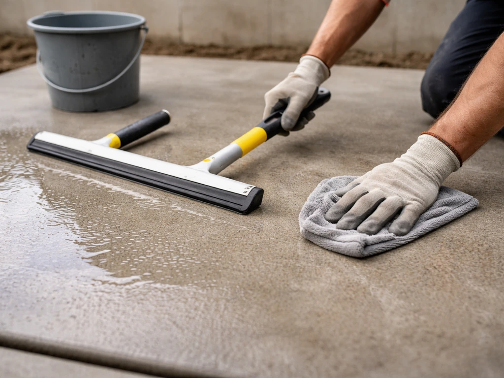 Mains gantées nettoyant une dalle béton propre, raclette et chiffon, surface sans résidus avant pose