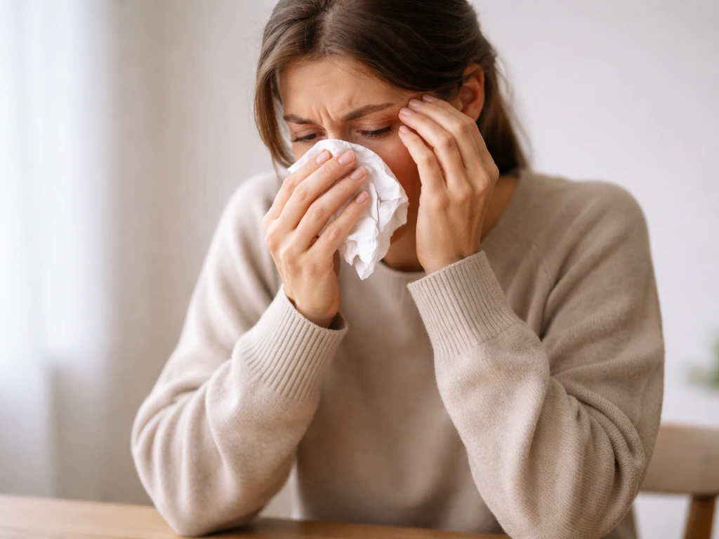 Personne anonyme avec un mouchoir près du nez et la main près de l’œil, ambiance d’irritation allergique.