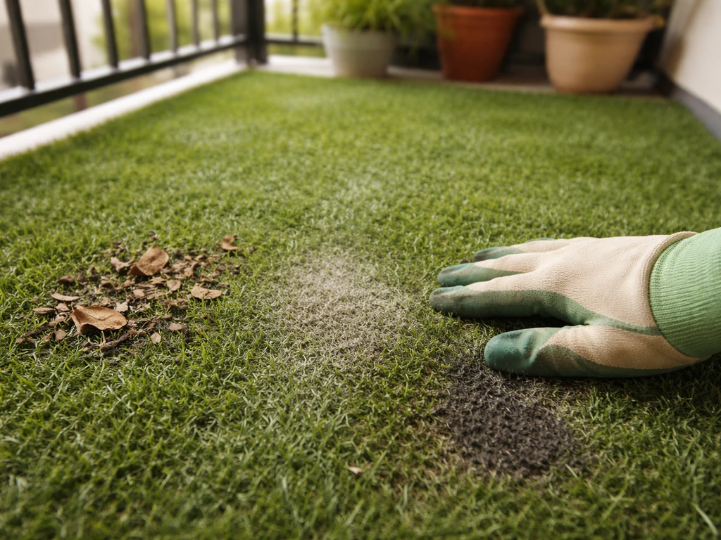 Main en gants inspectant une pelouse synthétique de balcon avec feuilles, poussière et zones ternies.