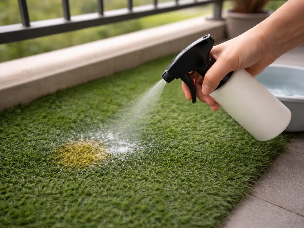 Gazon synthétique taché traité par pulvérisation d’un produit, avec bassine d’eau pour le rinçage.