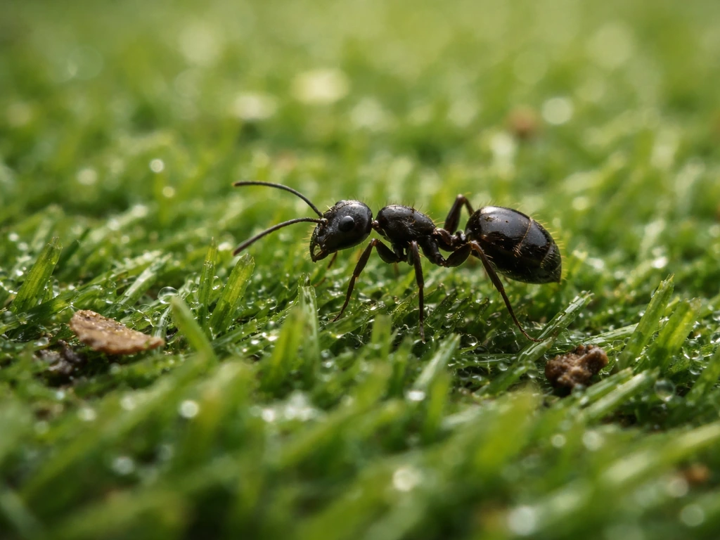 Une fourmi noire marche sur les fibres d’un gazon synthétique, avec de petites herbes et débris humides au sol.