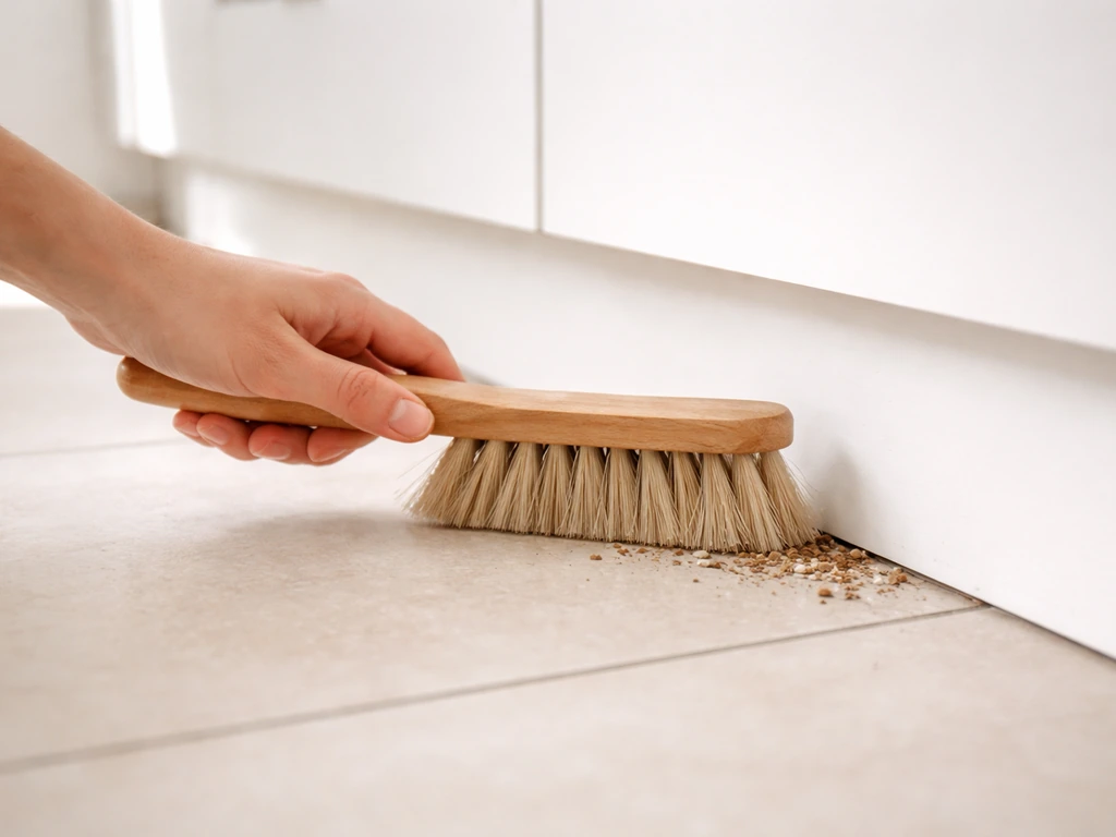 Une main nettoie le bord d’un sol avec une brosse et ramasse des débris pour prévenir les fourmis.