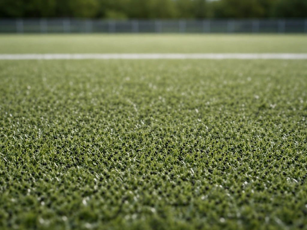 Gazon synthétique avec granulés de caoutchouc visibles entre les fibres sur un terrain sportif vide.