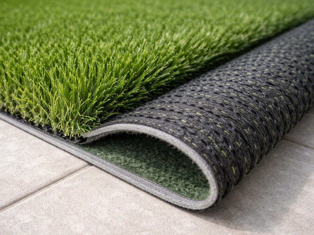 Gros plan d’un échantillon de gazon synthétique montrant les fibres et la jonction au dos du tapis.
