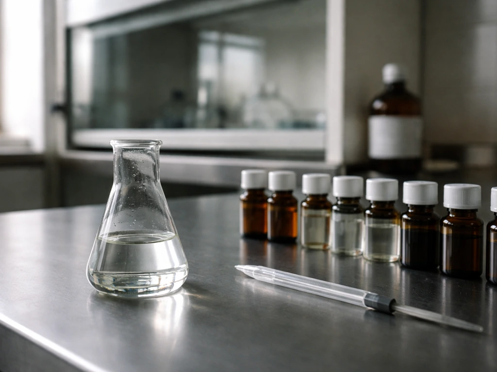 Paillasse de laboratoire de contrôle chimique, fioles et pipette sur fond de hotte, ambiance non sensationnaliste.
