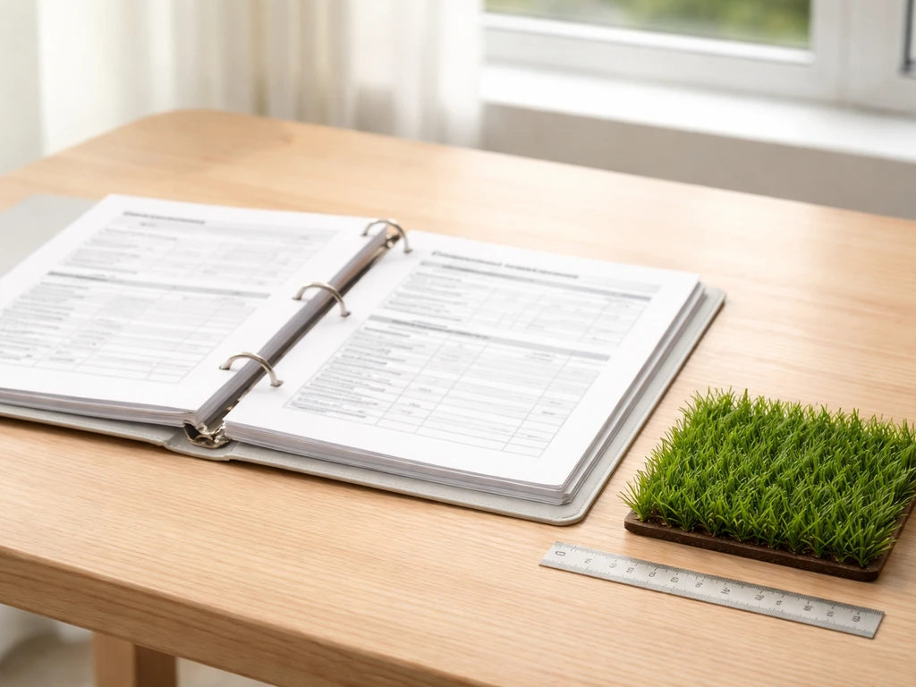 Documents de conformité de laboratoire et échantillon de gazon synthétique posés sur une table, près d’une fenêtre.