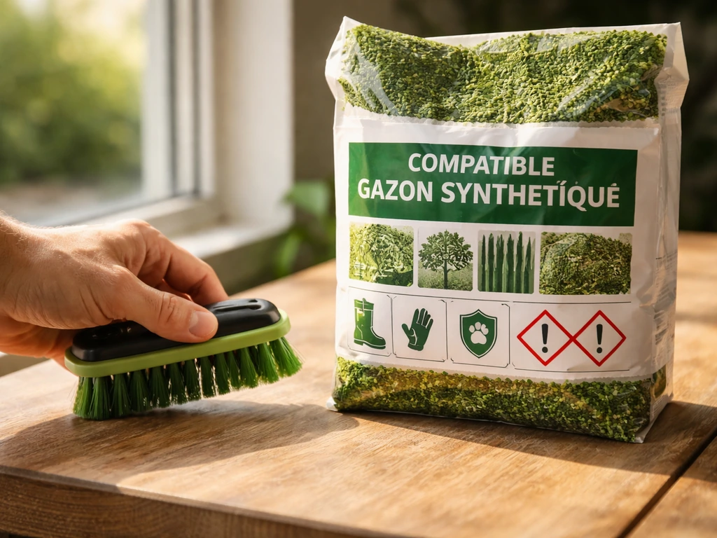 Mise au point sur une étiquette d’emballage indiquant “compatible gazon synthétique” et pictogrammes de sécurité.