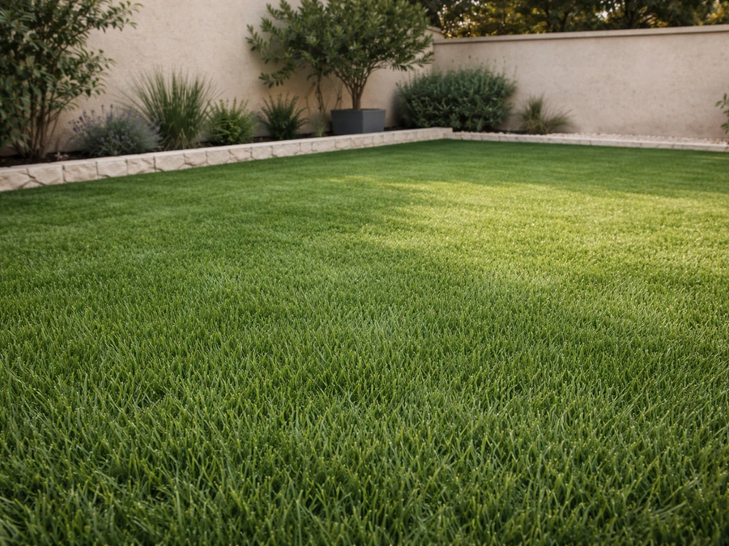 Terrasse/jardin fraîchement aménagé avec gazon synthétique naturel, fibres bien dressées sous une lumière douce.