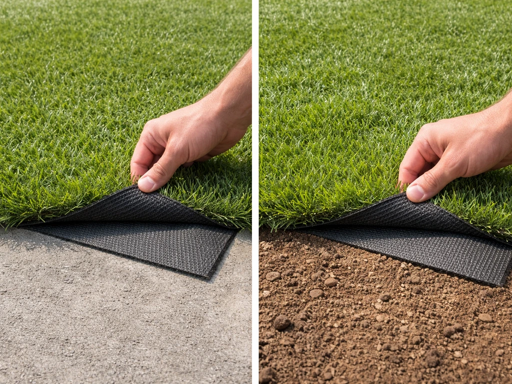 Comparaison de deux poses de gazon synthétique : sur béton avec sous-couche et sur terre avec géotextile apparent.