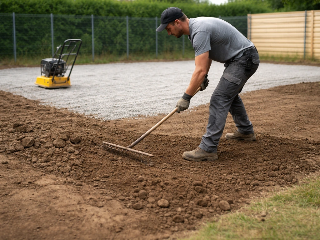 Décaissement et compactage d’une couche de grave 0/20 sur sol en terre avant la pose de gazon synthétique.