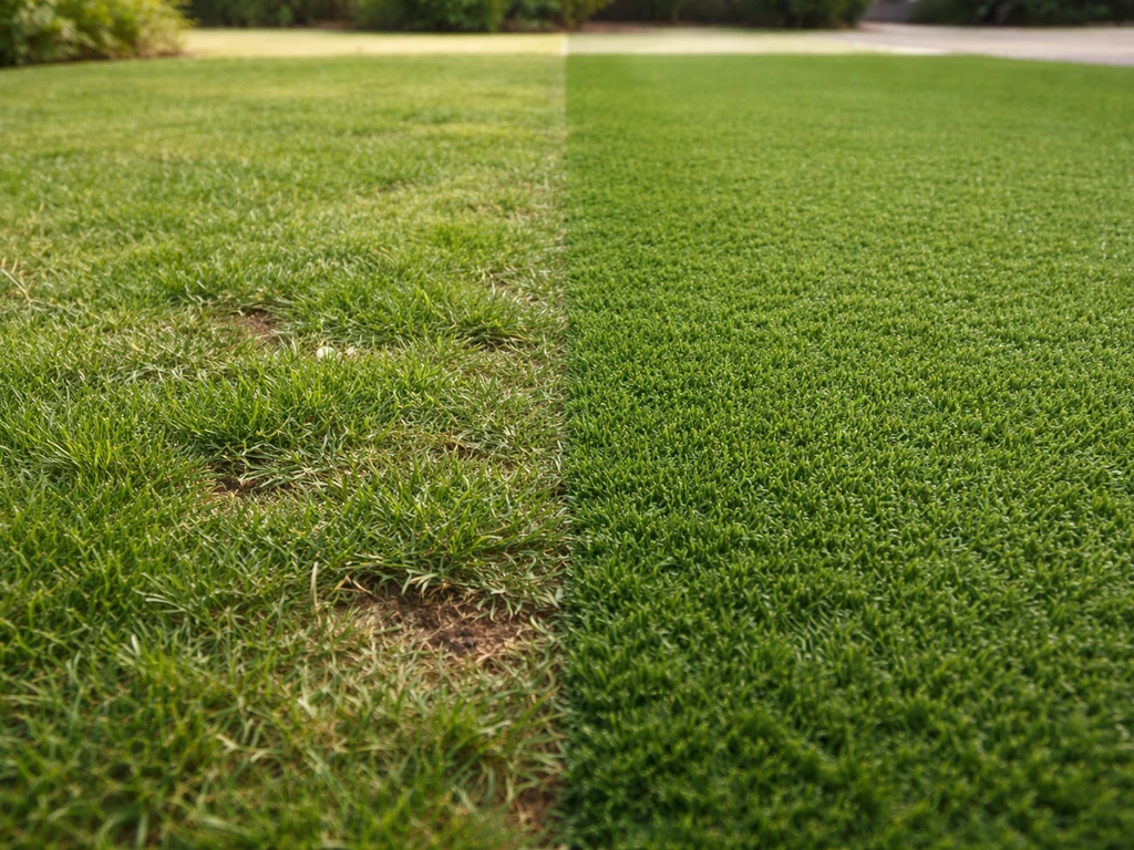 Deux types de pelouse côte à côte : gazon naturel vert et gazon synthétique dense, textures visibles.