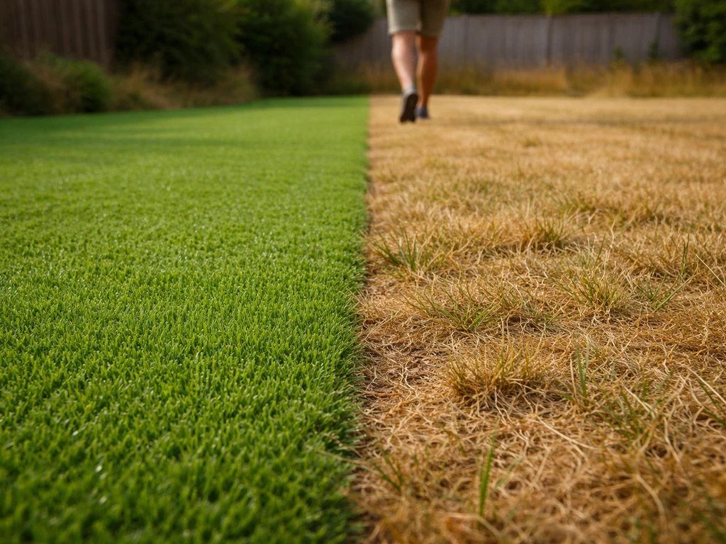 Comparaison visuelle entre un gazon synthétique vert homogène et une pelouse naturelle jaunie.