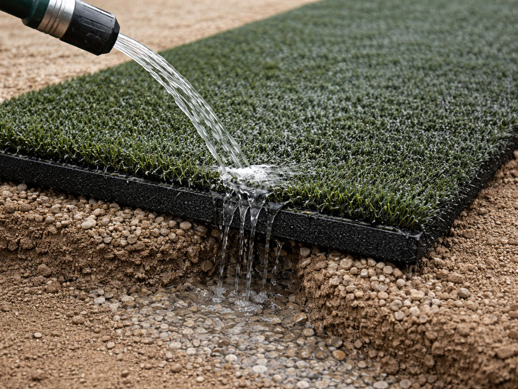 Gazon synthétique avec eau qui s’infiltre rapidement sur une base drainante, test d’écoulement concret.