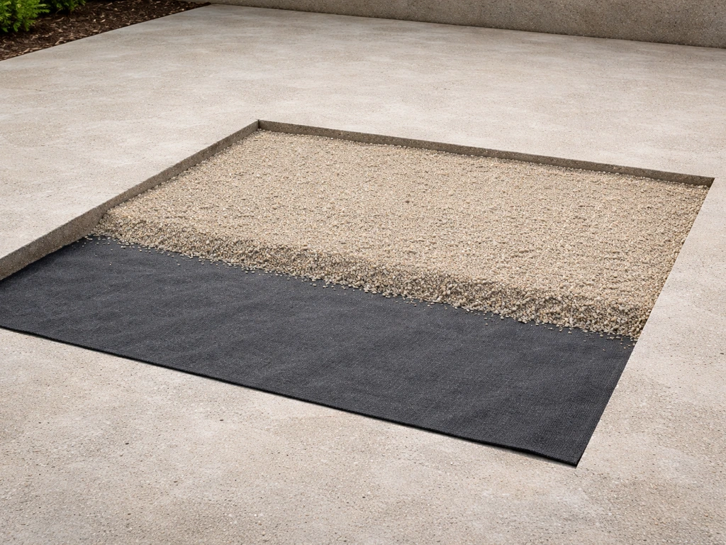 Zone de dalle béton préparée pour poser un gazon synthétique, avec géotextile et couche de nivellement visibles.