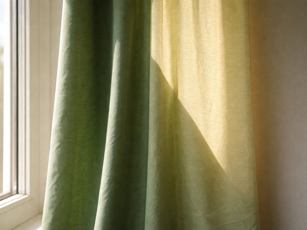 Tissu synthétique dont la couleur a jauni et verdît sur une zone en plein soleil, le reste restant plus intact.