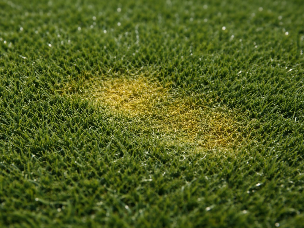Tache jaunâtre et verdâtre sur gazon synthétique, traces d’urine d’animal, vue rapprochée