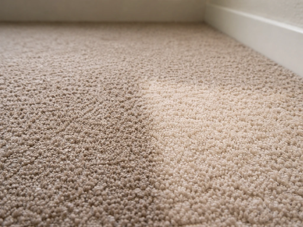 Coin de moquette abîmée et fibres écrasées près d’un passage, avec traces de décoloration discrètes