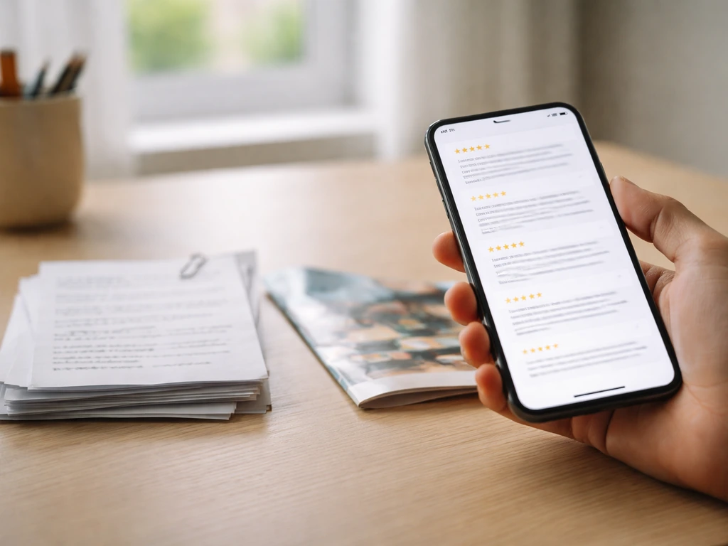 Une main consulte un smartphone et compare des avis floutés et une brochure commerciale sur un bureau.