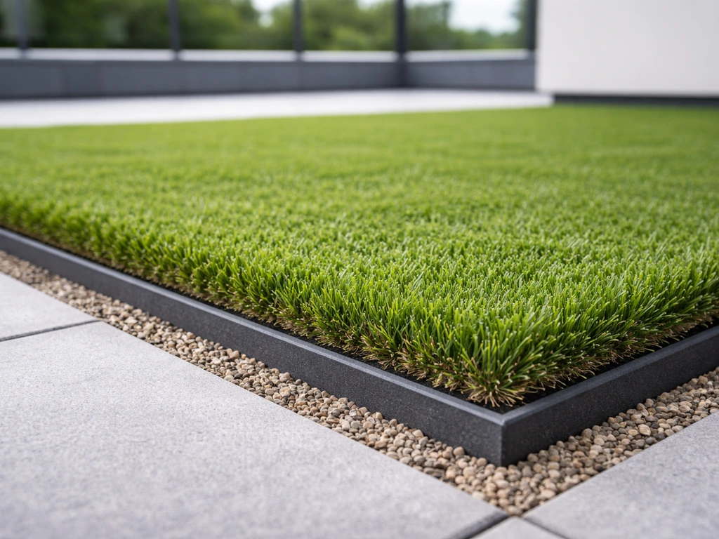 Détail d’une pose de gazon synthétique Roof'Green sur une terrasse avec surface drainante visible en bordure.