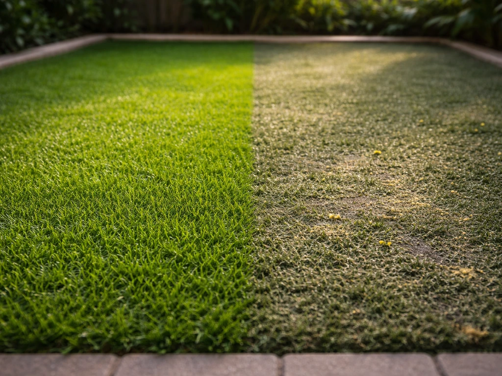 Gazon synthétique propre et encrassé, poussière et pollen en surface, vue de près avec ambiance saisonnière.