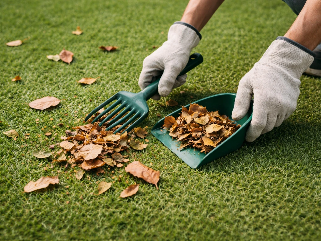 Mains gantées ramassant des feuilles sur un gazon synthétique avant le rinçage.