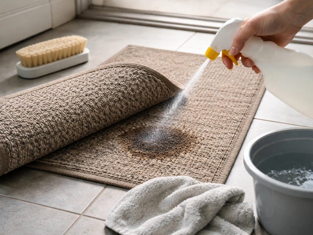 Zone de tapis traitée contre les odeurs d’urine : application locale de produit puis préparation au rinçage.