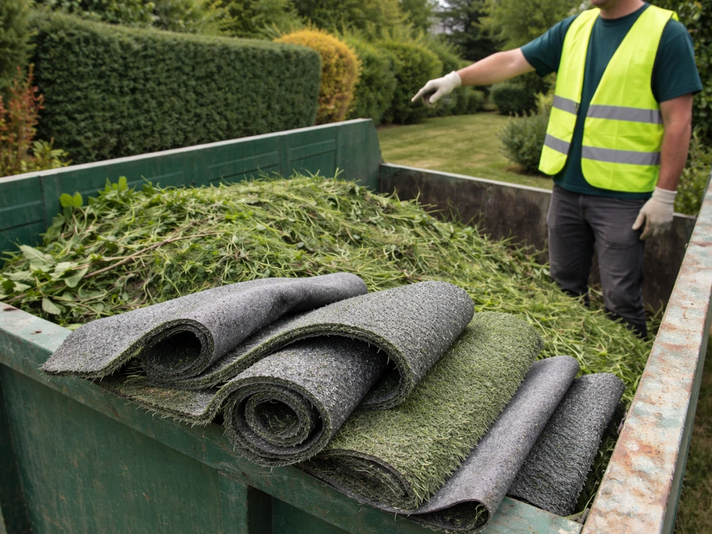 Gazon synthétique déposé près d’une benne de déchets verts, illustrant une erreur de tri et la contamination.