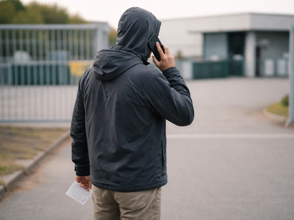 Conducteur devant une déchèterie, tenant un téléphone et une feuille, prêt à appeler pour connaître les règles.