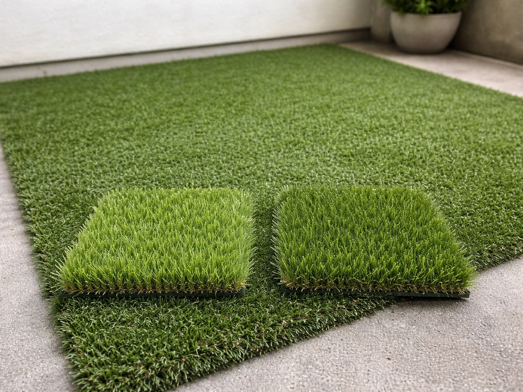 Échantillons de gazon synthétique côte à côte sur une terrasse, montrant hauteur et densité des brins.