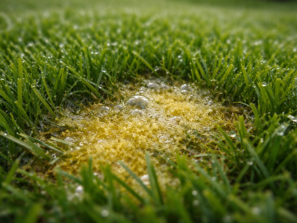 Mise en scène photo réaliste de fibres de gazon synthétique avec une zone souillée et bulles enzymatiques.